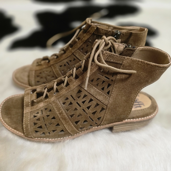 Sofft Shoes - Sofft Nora Brown Suede Lace-Up Geometric Cut-out Sandals, Real Leather, Size 7.5
